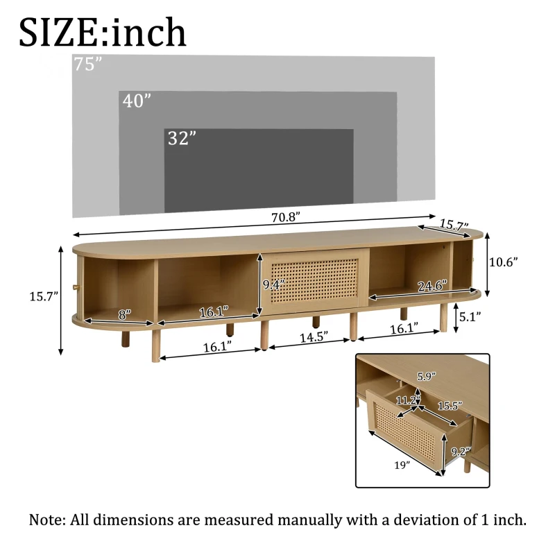 Oval TV Stand with Rattan Drawer and 2 Sliding Doors, Compact Media Console with Adjustable Feet, 71'' L x 15.5'' W x 15.5'' H, Light Oak