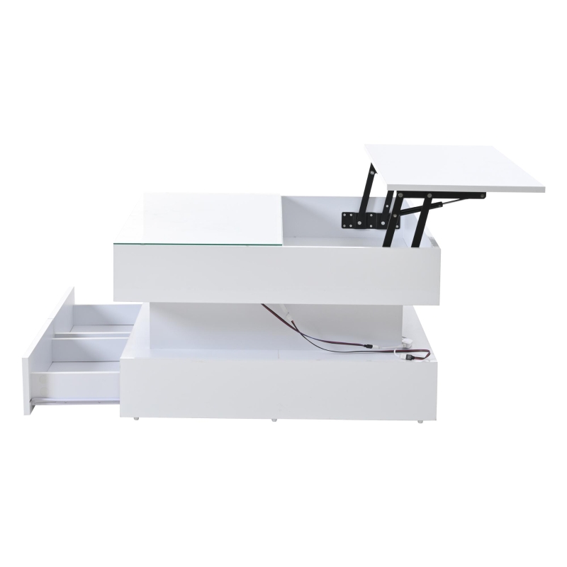 Lift-Top Coffee Table with App-Controlled LED Lighting, Space-Saving Center Table for Compact Homes, 31.5'' L x 31.5'' W x 17.5'' H, White