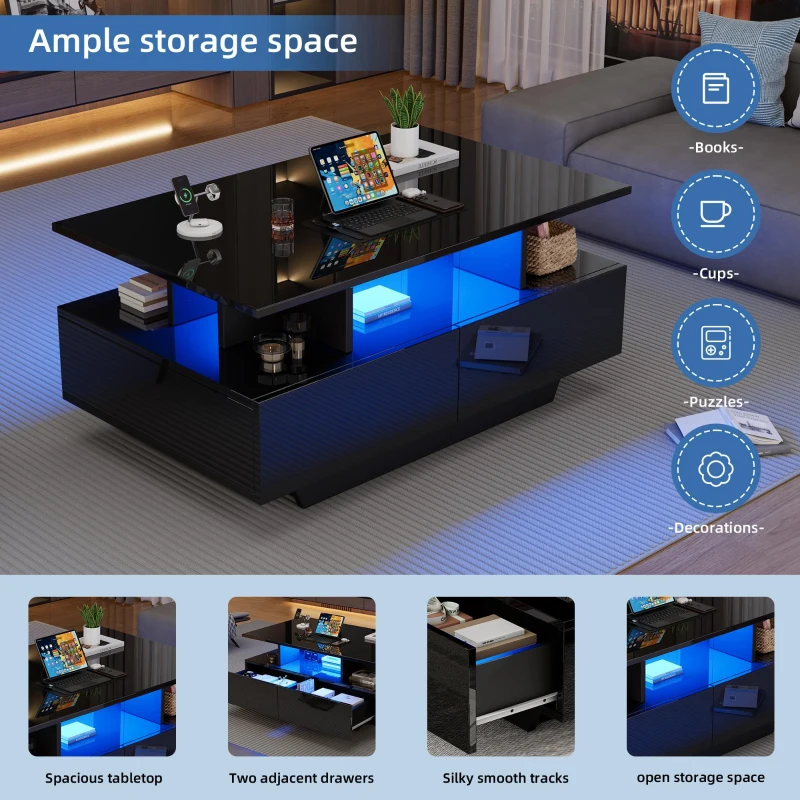 High-Gloss Coffee Table with LED Lighting and 2 Drawers, Versatile Centre Table with Open Storage, 35.5'' L x 21.5'' W x 16'' H, Black
