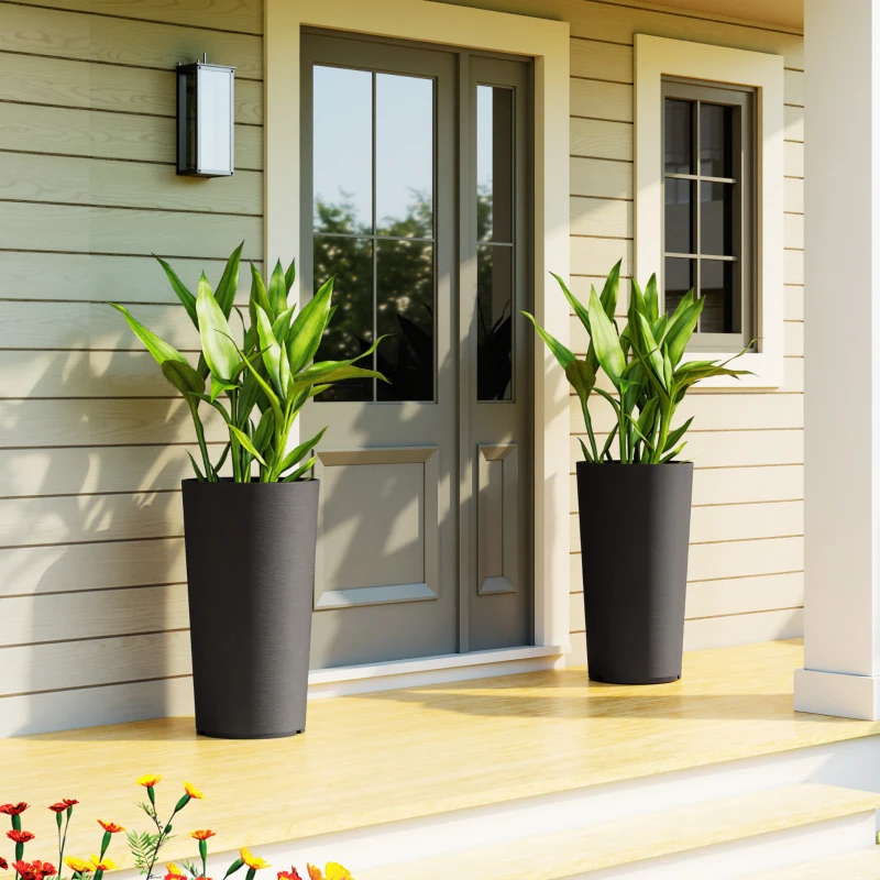 Outsunny 29 Inch Outdoor Planter, Set of 2 Plastic Flower Pots, Weather and UV Resistant Stackable Large Planters, Black