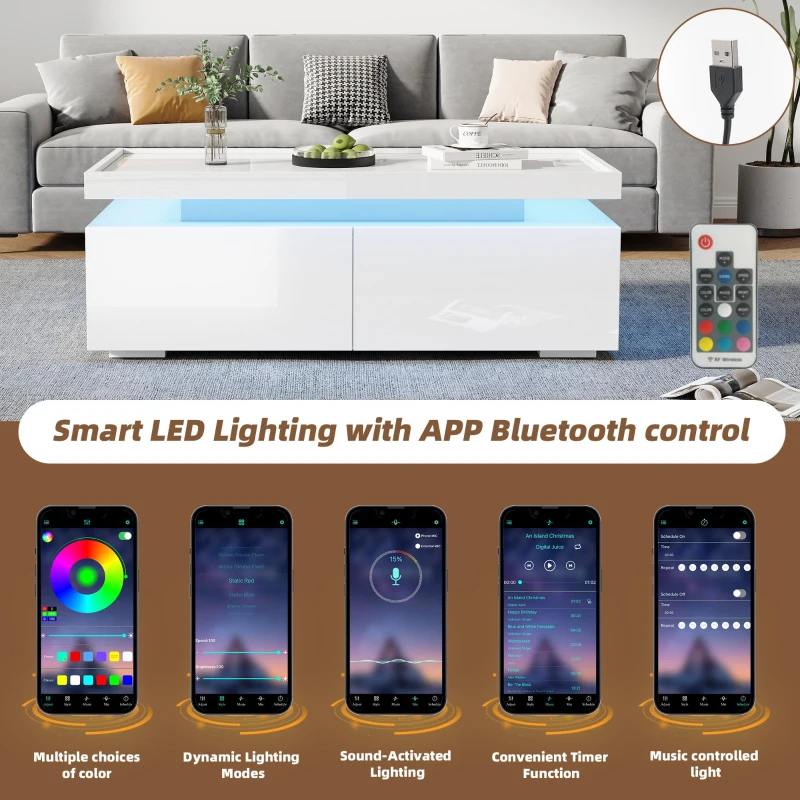 High-Gloss Coffee Table with App-Controlled LED Ambient Lighting, Functional Center Table for Living Room, 37.5" L x 17.5" W x 13.5" H, White