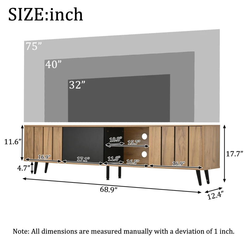 Sleek TV Stand with 3 Doors and 2-Tier Tempered-Glass Shelf, Slim TV Cabinet with Hidden Storage, 69" L x 12.5" W x 17.5" H, Natural Wood