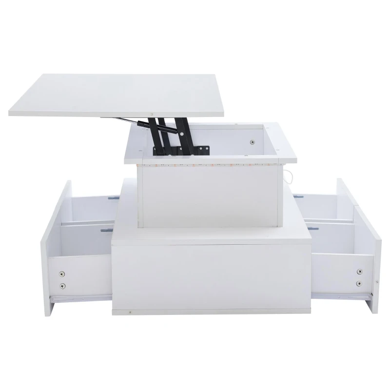 Sleek Lift-Up Coffee Table with LED Lighting and 4 Drawers, Durable Center Table for Living Room, 35.5" L x 21.5" W x 16.5" H, White