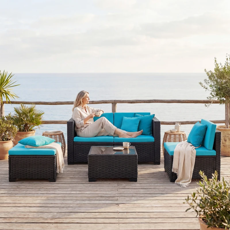 Outsunny 5 Piece Patio Furniture Set, L-Shape Wicker Outdoor Sectional with 3 Chairs, Ottoman, Glass Table, Cushions, Turquoise