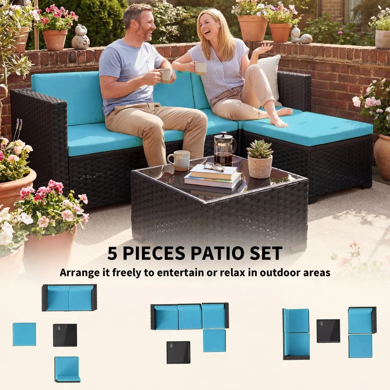 Outsunny 5 Piece Patio Furniture Set, L-Shape Wicker Outdoor Sectional with 3 Chairs, Ottoman, Glass Table, Cushions, Turquoise