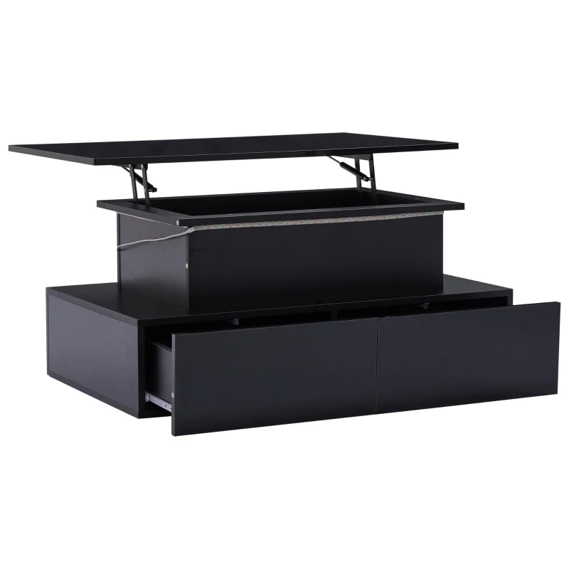 Sleek Lift-Up Coffee Table with LED Lighting and 4 Drawers, Durable Center Table for Living Room, 35.5" L x 21.5" W x 16.5" H, Black