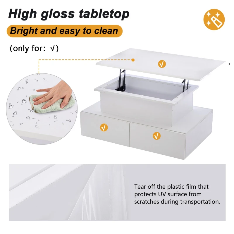 Sleek Lift-Up Coffee Table with LED Lighting and 4 Drawers, Durable Center Table for Living Room, 35.5" L x 21.5" W x 16.5" H, White