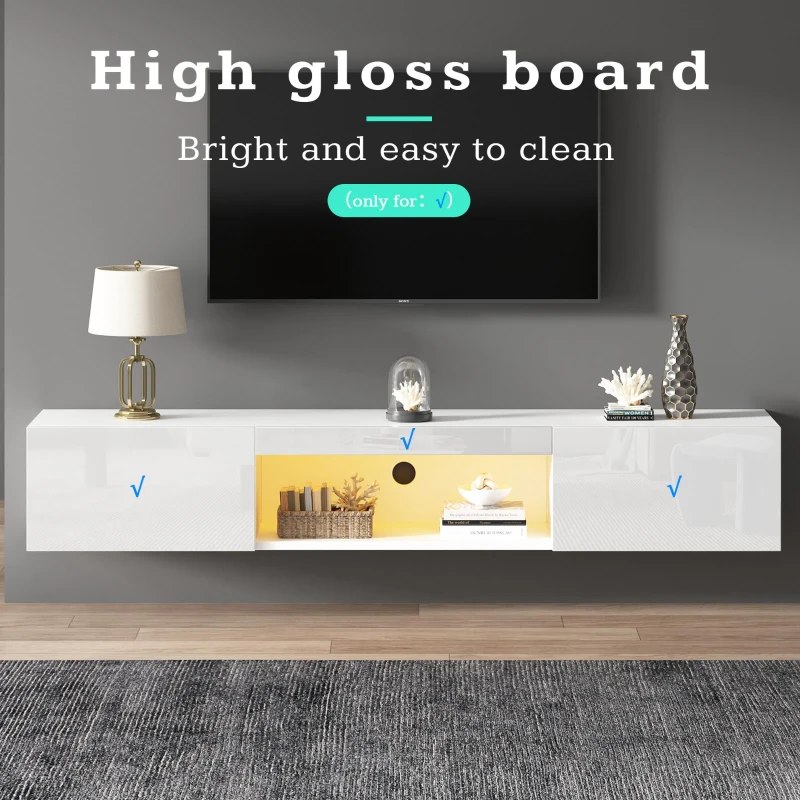Floating TV Stand with High-Gloss Finish and LED Ambient Lighting, Sleek TV Cabinet with Pull-Down Doors, 63" L x 12" W x 8.5" H, White