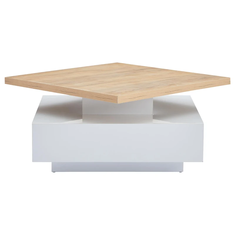 Square Rotating Coffee Table with Double-Layer Storage, Multi-Use Center Table for Living Area, 27.5'' L x 27.5'' W x 14'' H, White+Oak