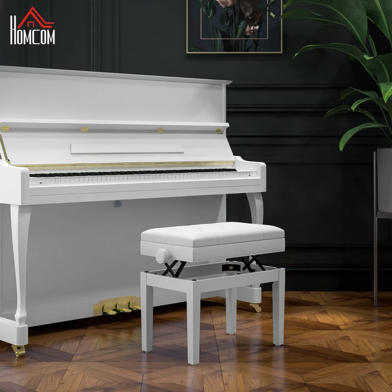 HOMCOM Adjustable Piano Bench with Storage and Soft PU Leather Padded, with Enough Music Storage Design, White