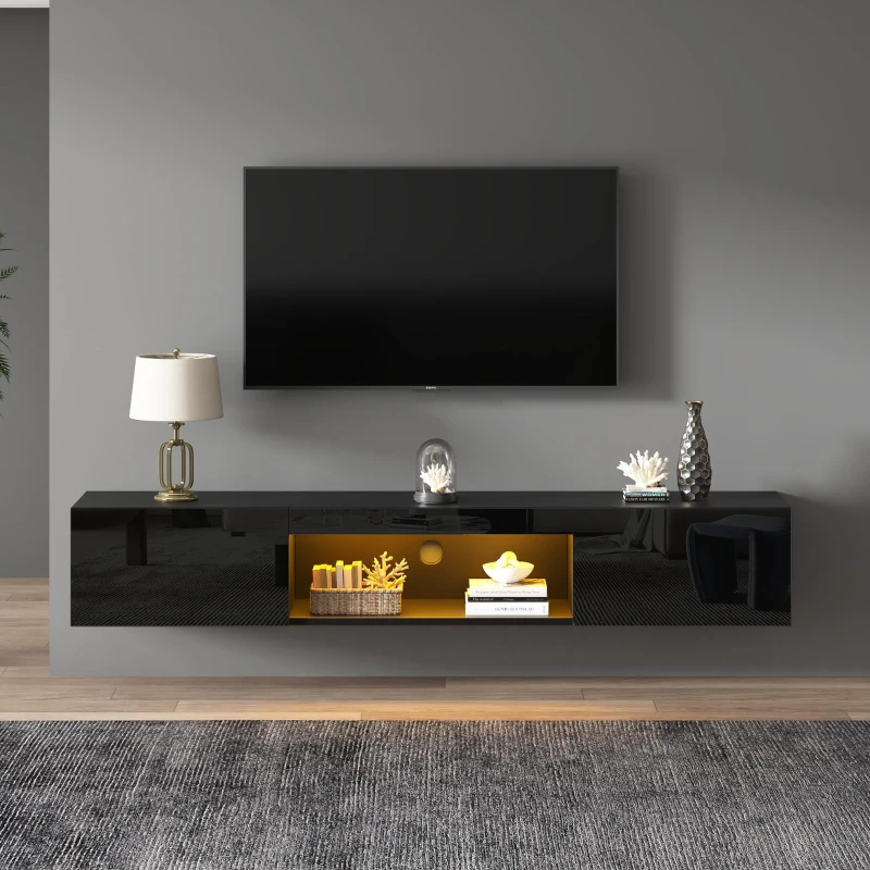 Floating TV Stand with High-Gloss Finish and LED Ambient Lighting, Sleek TV Cabinet with Pull-Down Doors, 63" L x 12" W x 8.5" H, Black