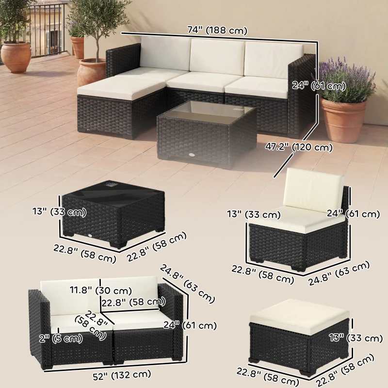 Outsunny 5 Piece Patio Furniture Set, L-Shape Wicker Outdoor Sectional with 3 Chairs, Ottoman, Glass Table, Cushions, Cream