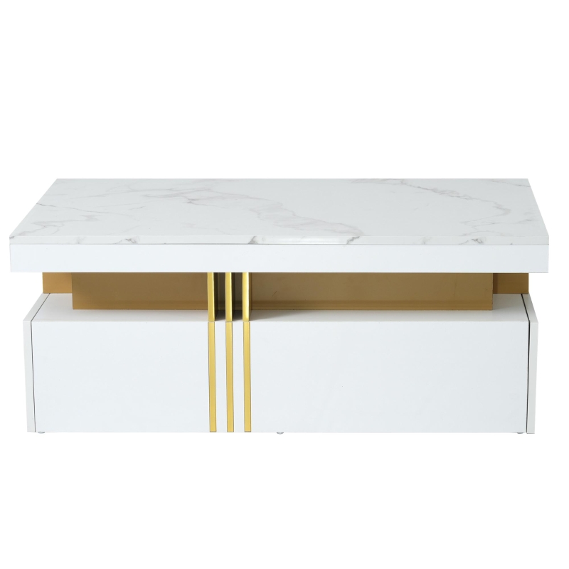 Minimalist Coffee Table with 2 Drawers and High-Gloss Finish, Multi-Use Side Table for Living Spaces, 39.5'' L x 19.5'' W x 15.5'' H, White