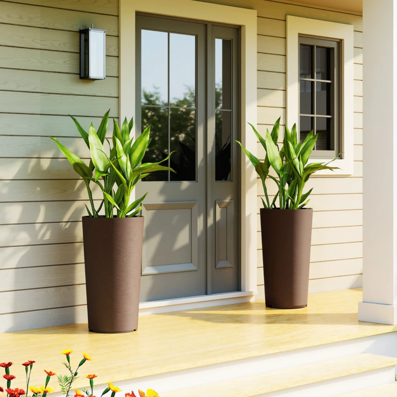 Outsunny 29 Inch Outdoor Planter, Set of 2 Plastic Flower Pots, Weather and UV Resistant Stackable Large Planters, Brown