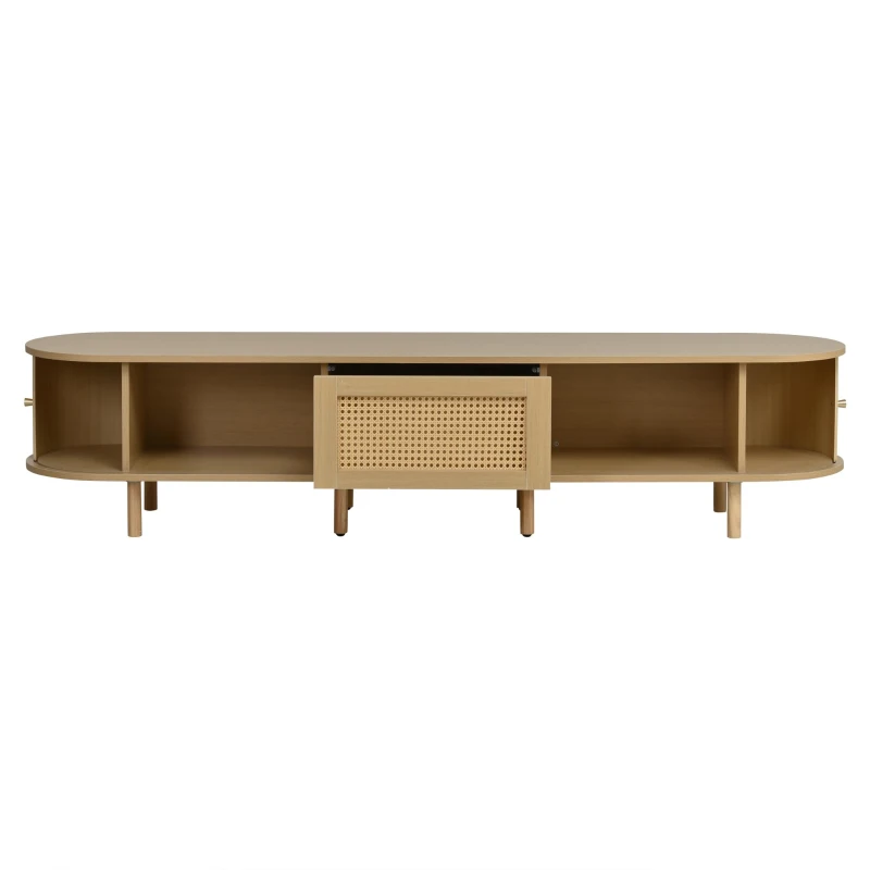 Oval TV Stand with Rattan Drawer and 2 Sliding Doors, Compact Media Console with Adjustable Feet, 71'' L x 15.5'' W x 15.5'' H, Light Oak
