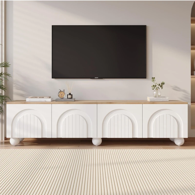 Stylish TV Stand with 4 Doors and Spherical Metal Legs, Sturdy TV Cabinet with Large Closed Storage, 71" L x 15.5" W x 17.5" H, White+Oak
