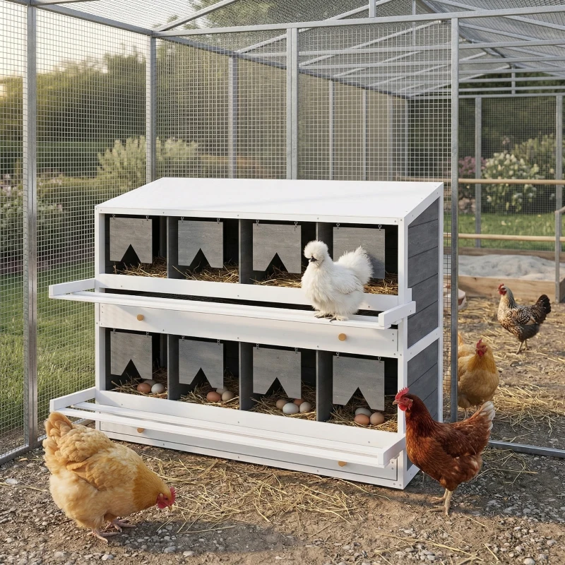 PawHut Chicken Nesting Box, 8 Compartment Wood Laying Boxes for Chicken Coop with Egg Collection Trays Perches for 16-32 Hens
