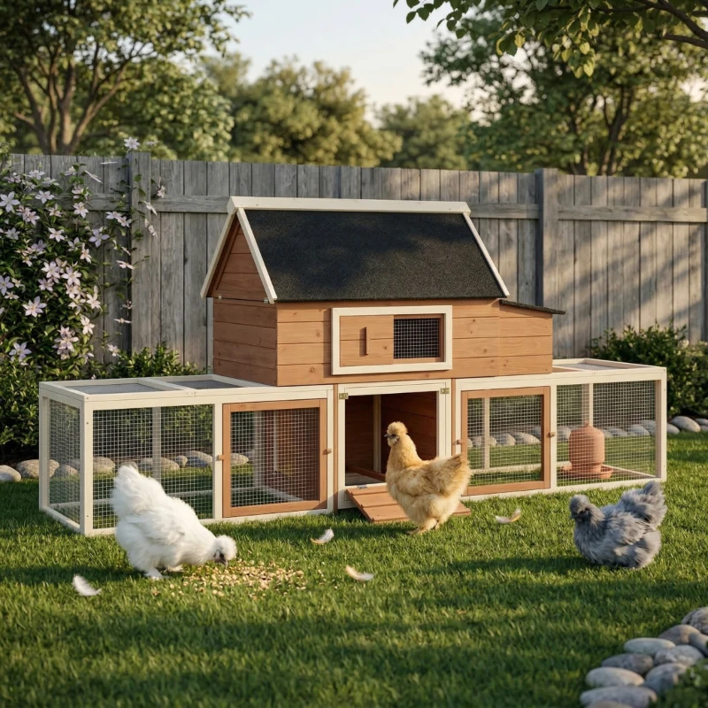 PawHut Wooden Chicken Coop, Outdoor Chicken Cage Poultry Hen House with Nesting Box, Double Runs, Asphalt Roof, Ramp
