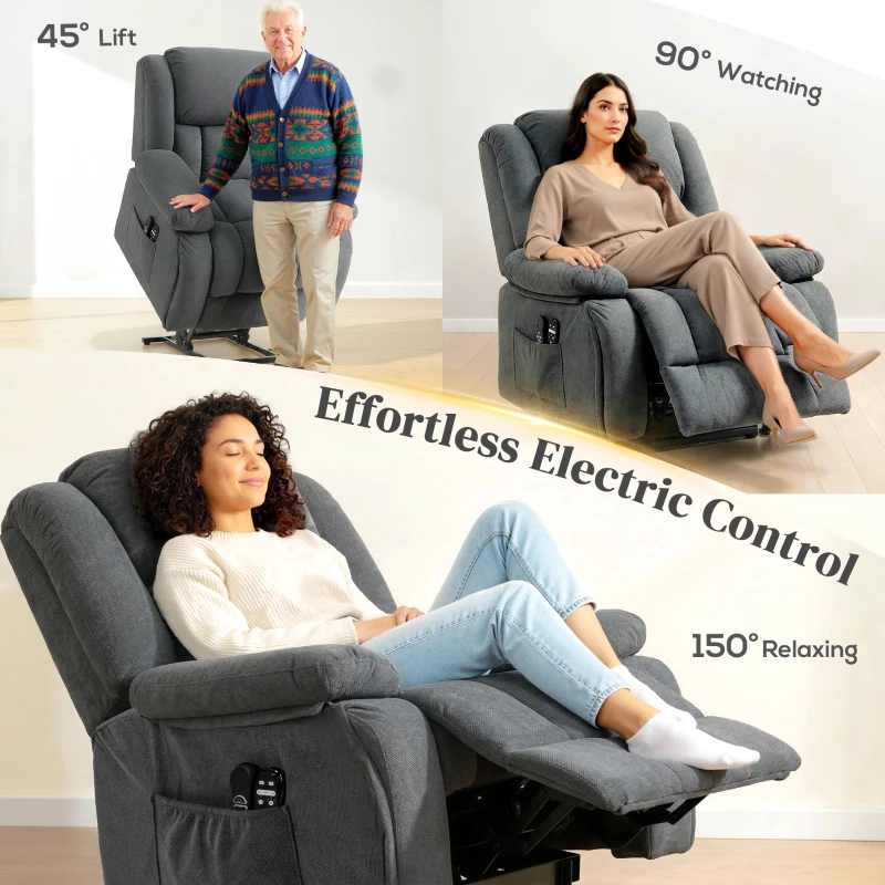 HOMCOM Overstuffed Power Lift Recliner Chair with Vibration Massage and Heat, Side Pockets, Pocket Spring, for Adults, Gray