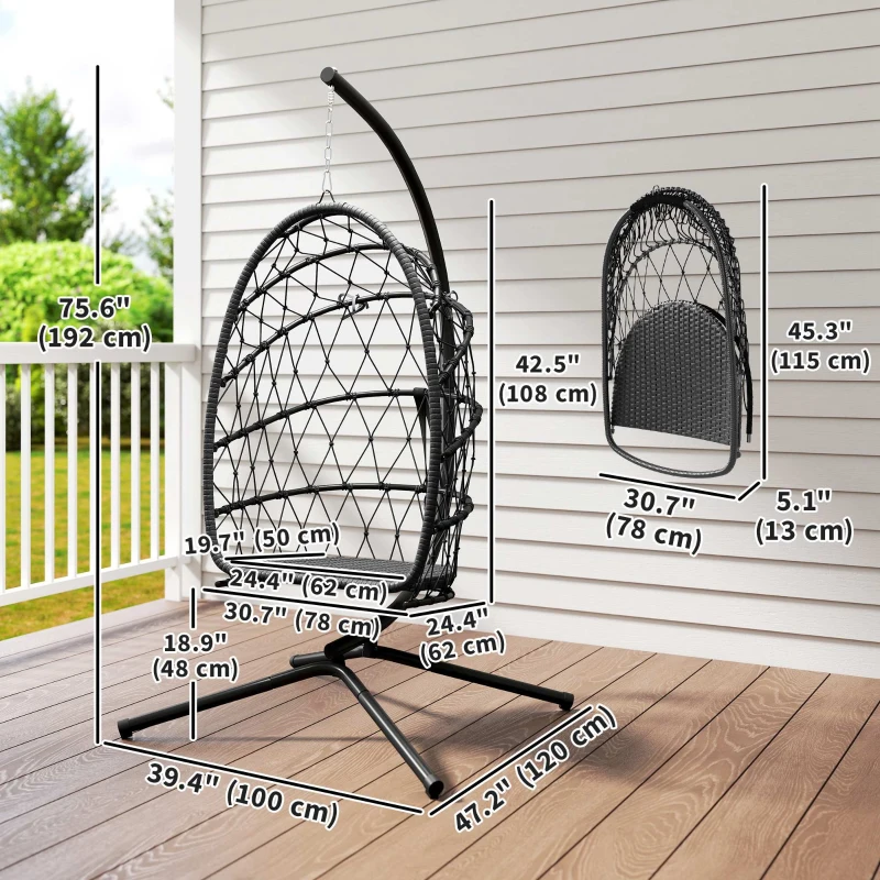 Outsunny Hanging Egg Chair with Stand, Foldable Wicker Rattan Swing Chair with Thick Cushion, Dust Cover and Safety Rope, Black