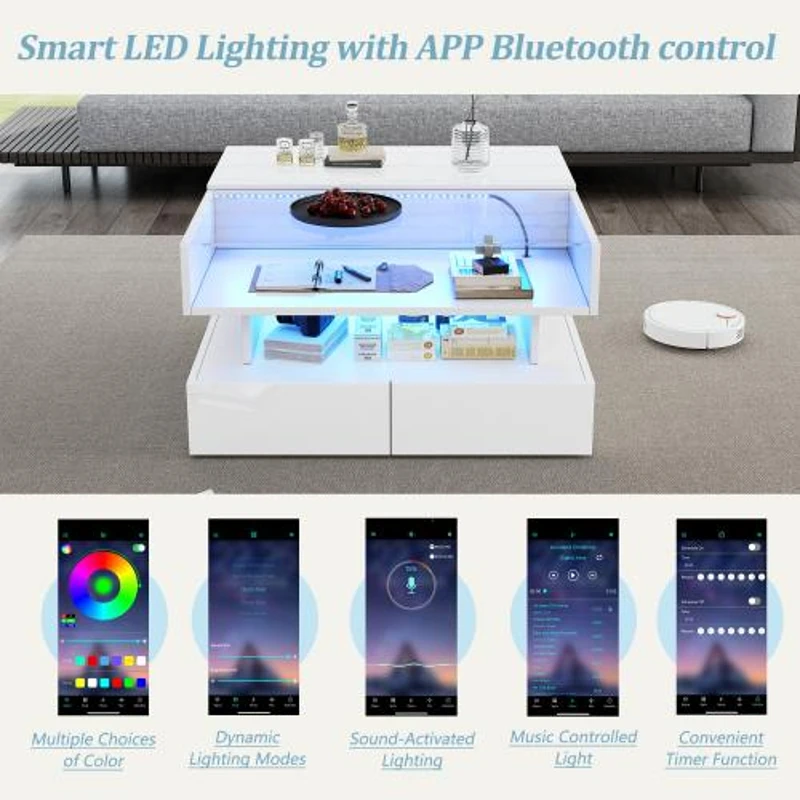 Lift-Top Coffee Table with App-Controlled LED Lighting, Space-Saving Center Table for Compact Homes, 31.5'' L x 31.5'' W x 17.5'' H, White