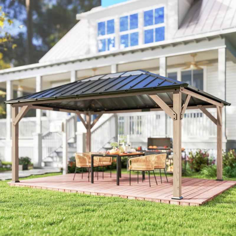 Outsunny 12' x 16' Hardtop Gazebo with Galvanized Steel Roof, UPF50+ Wood Permanent Pavilion with Clear Roof Top, Light Walnut