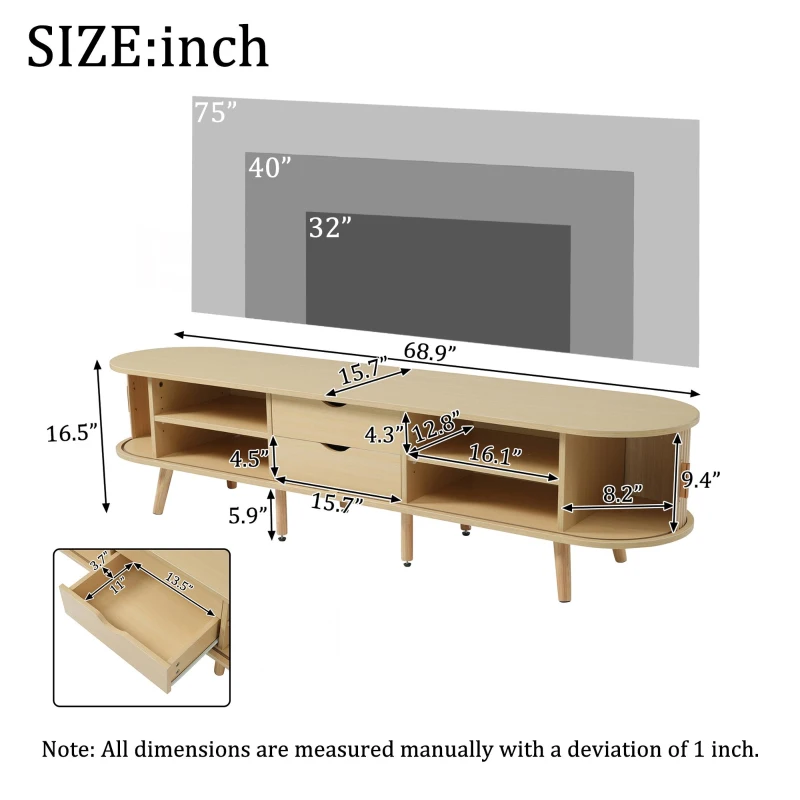 Stylish TV Stand with Rounded Corners and Oval Top, Versatile TV Cabinet for Living Room, 69" L x 15.5" W x 16.5" H, Natural Wood