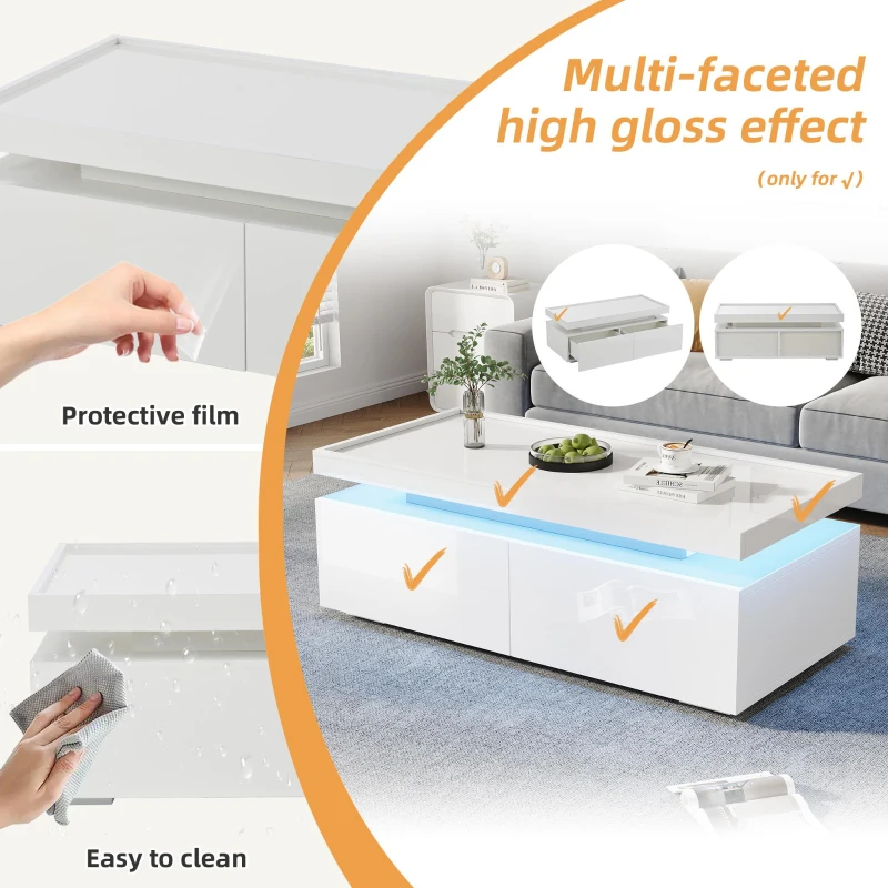 High-Gloss Coffee Table with App-Controlled LED Ambient Lighting, Functional Center Table for Living Room, 37.5" L x 17.5" W x 13.5" H, White
