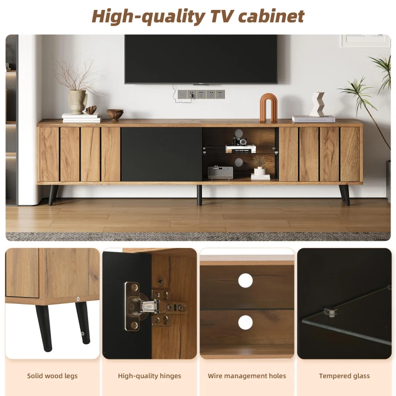Sleek TV Stand with 3 Doors and 2-Tier Tempered-Glass Shelf, Slim TV Cabinet with Hidden Storage, 69" L x 12.5" W x 17.5" H, Natural Wood