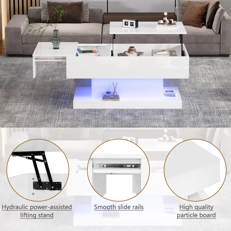 Lift-Top Coffee Table with Sliding Extendable Desktop, Sleek Multi‑Use Table with USB/App-Controlled Lights, 39.5" L x 19.5" W x 17.5" H, White