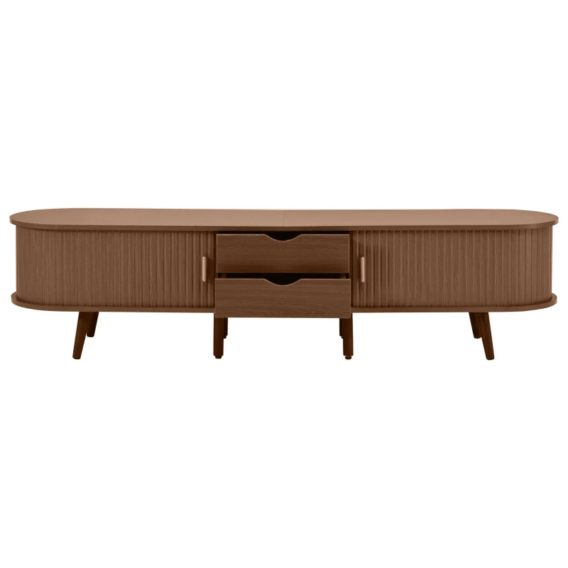 Stylish TV Stand with Rounded Corners and Oval Top, Versatile TV Cabinet for Living Room, 69" L x 15.5" W x 16.5" H, Dark Oak