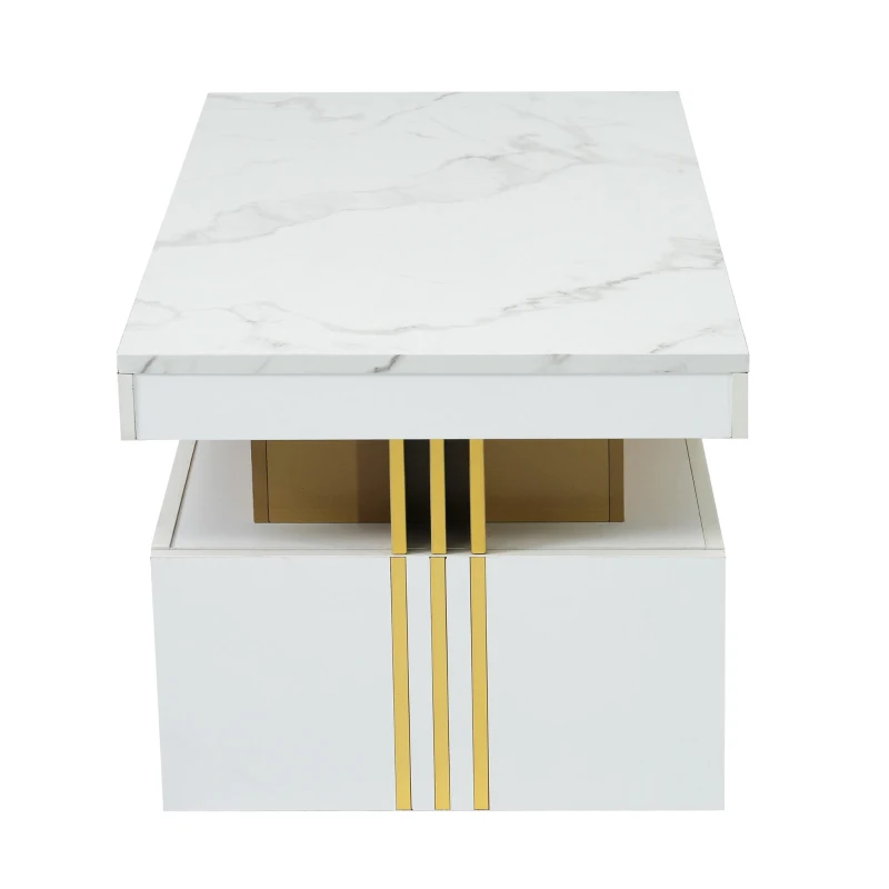 Minimalist Coffee Table with 2 Drawers and High-Gloss Finish, Multi-Use Side Table for Living Spaces, 39.5'' L x 19.5'' W x 15.5'' H, White