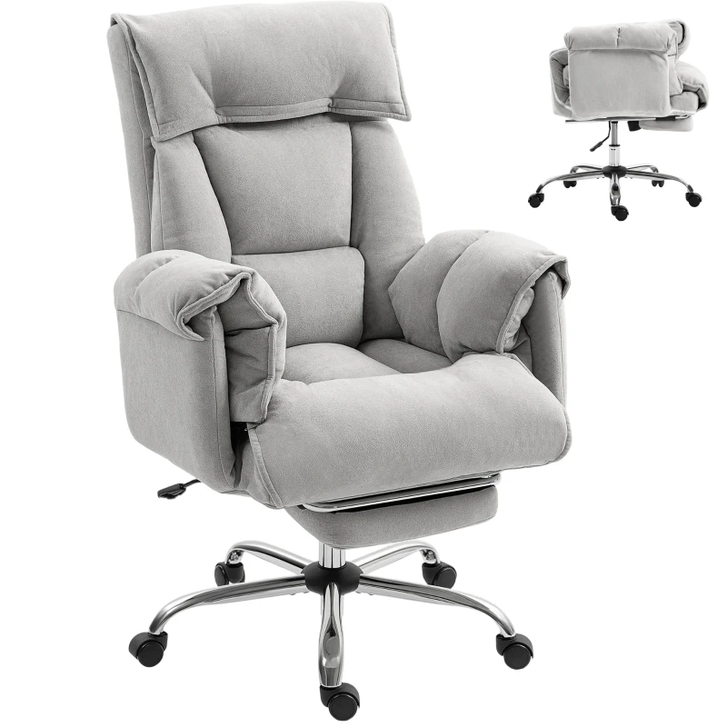 HOMCOM High Back Office Chair, Reclining Desk Chair with Footrest, High Resilience Foam, Rolling Wheels, Light Taupe Gray