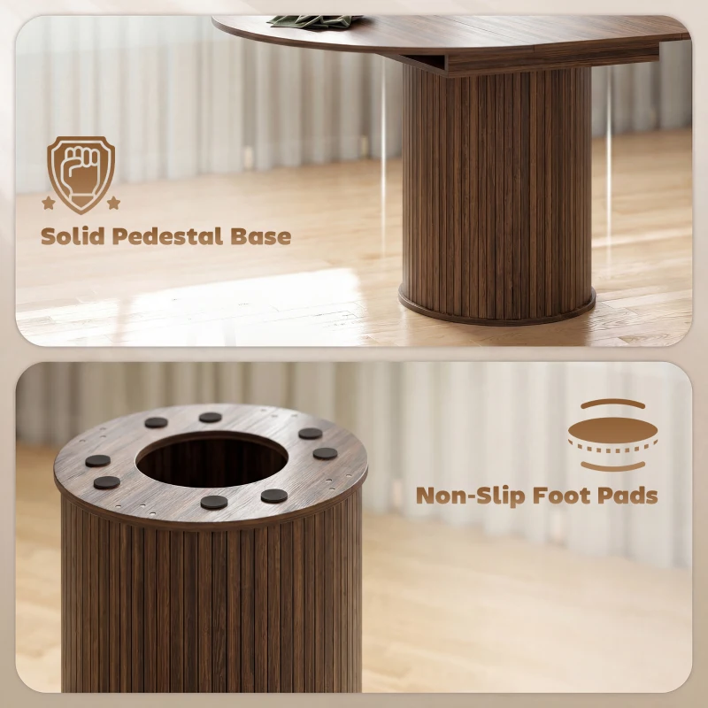 HOMCOM Extendable Kitchen Table for 6-8, 43.5"-59" Farmhouse Dining Table with Pedestal Base Walnut Wood Grain