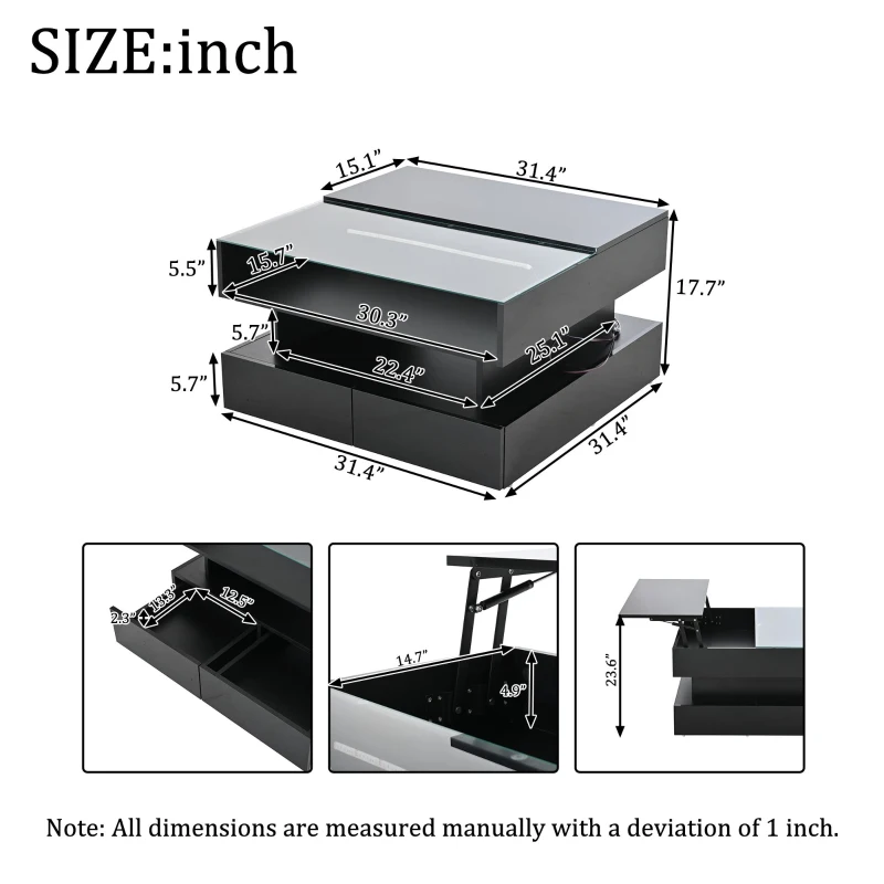 Lift-Up Coffee Table with App-Controlled LED Lighting, Space-Saving Center Table for Compact Homes, 31.5'' L x 31.5'' W x 17.5'' H, Black