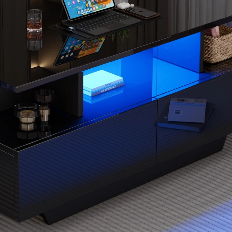 High-Gloss Coffee Table with LED Lighting and 2 Drawers, Versatile Centre Table with Open Storage, 35.5'' L x 21.5'' W x 16'' H, Black