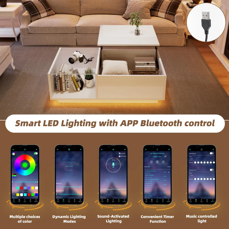 Lift-Up Coffee Table with App-Controlled LED Light and Half Glass Top, Modern Center Table for Living Room, 39.5" L x 19.5" W x 13" H, White