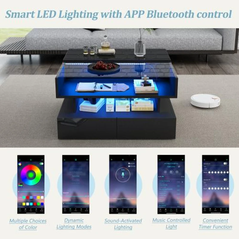 Lift-Up Coffee Table with App-Controlled LED Lighting, Space-Saving Center Table for Compact Homes, 31.5'' L x 31.5'' W x 17.5'' H, Black