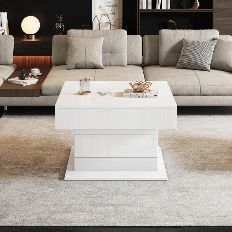 Rotating Lift-Top Coffee Table with Height-Adjustable Top, Space-Saving Side Table with Hidden Storage, 27.5'' L x 27.5'' W x 17.5'' H, White