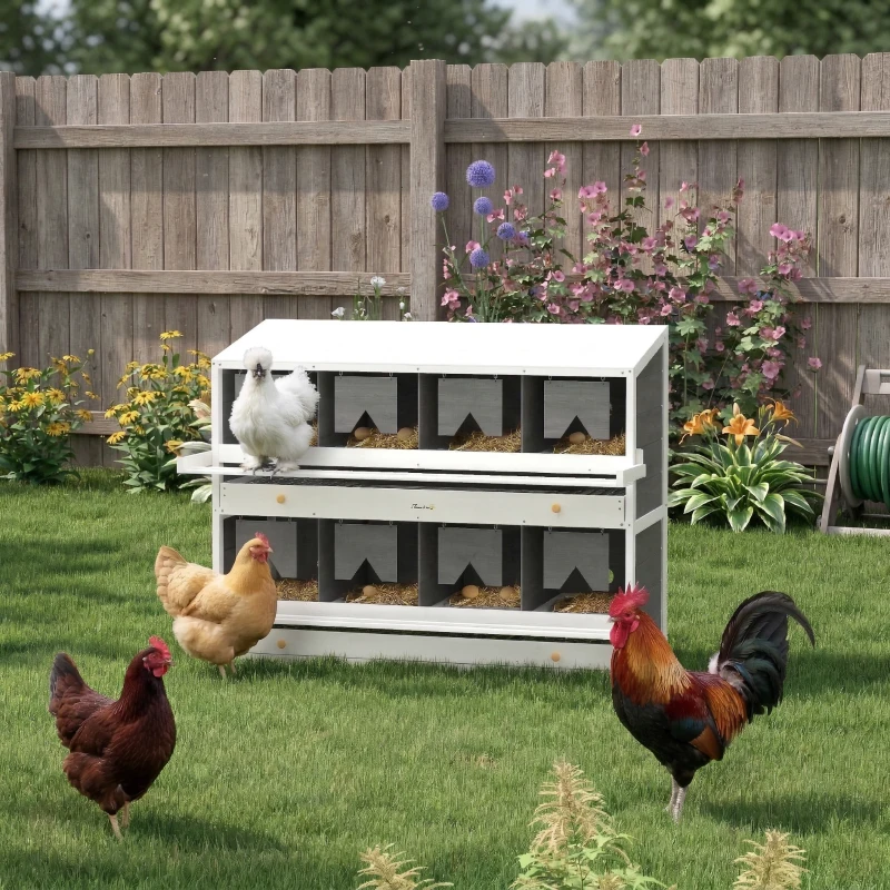 PawHut Chicken Nesting Box, 8 Compartment Wood Laying Boxes for Chicken Coop with Egg Collection Trays Perches for 16-32 Hens