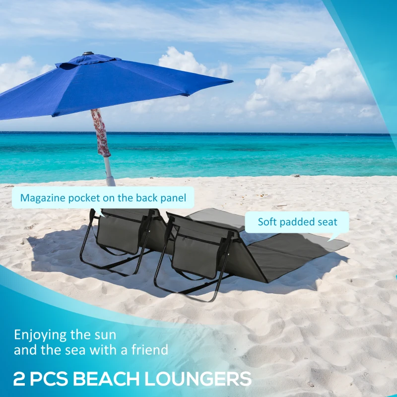 Outsunny Set of 2 Foldable Lounge Chairs with Carry Bag, Adjustable Backrest, Grey