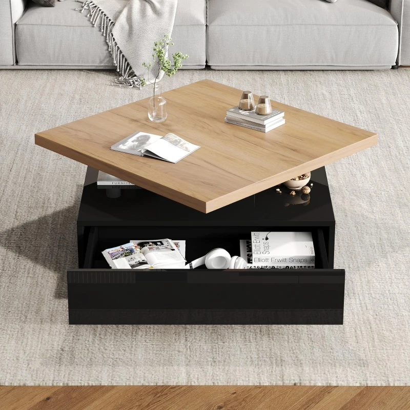 Square Rotating Coffee Table with 360° Rotating Tabletop, Durable Center Table for Livng or Reception Areas, 27.5'' L x 27.5'' W x 14'' H, Black