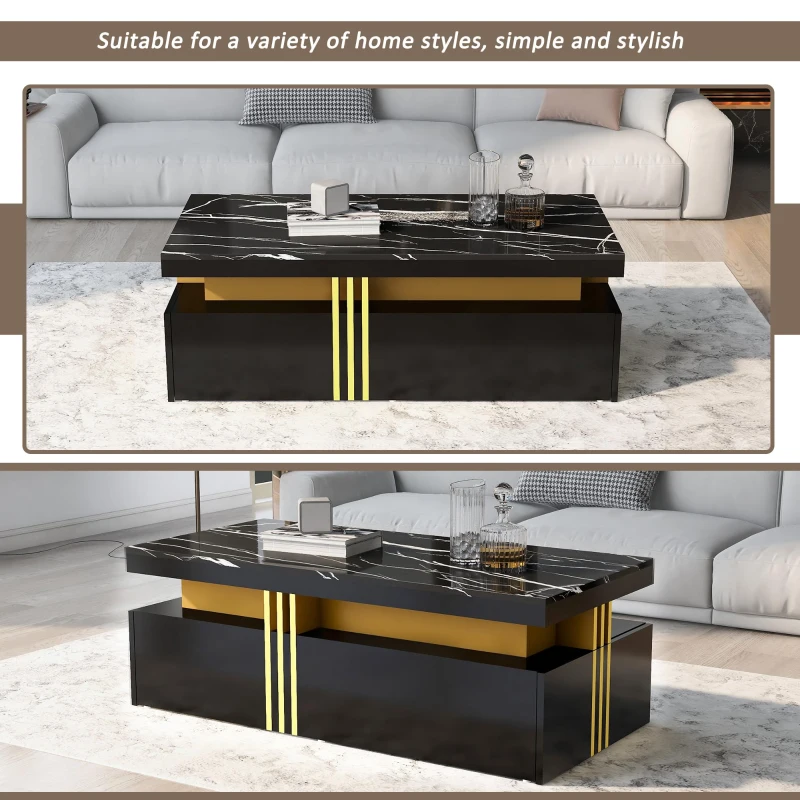 Minimalist Coffee Table with 2 Drawers and High-Gloss Finish, Multi-Use Side Table for Living Spaces, 39.5'' L x 19.5'' W x 15.5'' H, Black