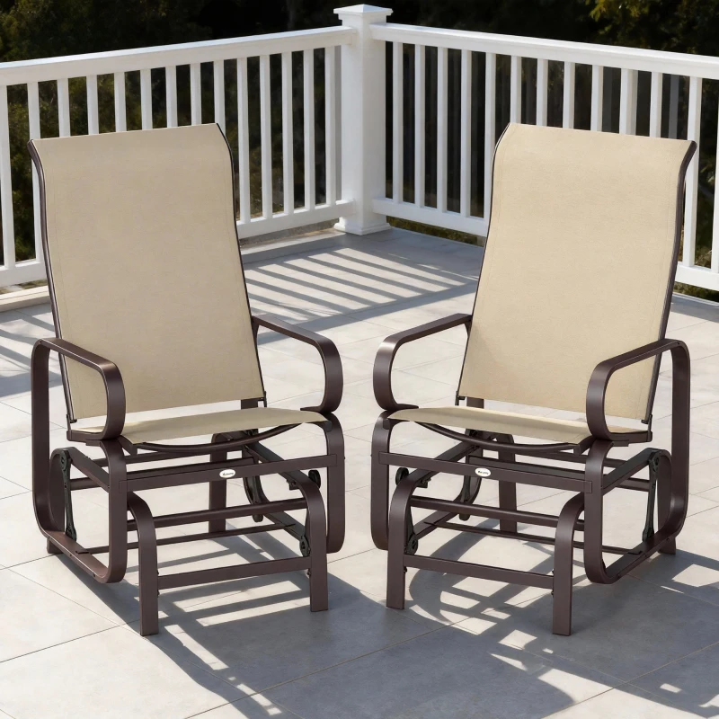Outsunny Gliding Lounger Chair Set of 2, Single Rockers with Lightweight Metal & Mesh Construction, Khaki