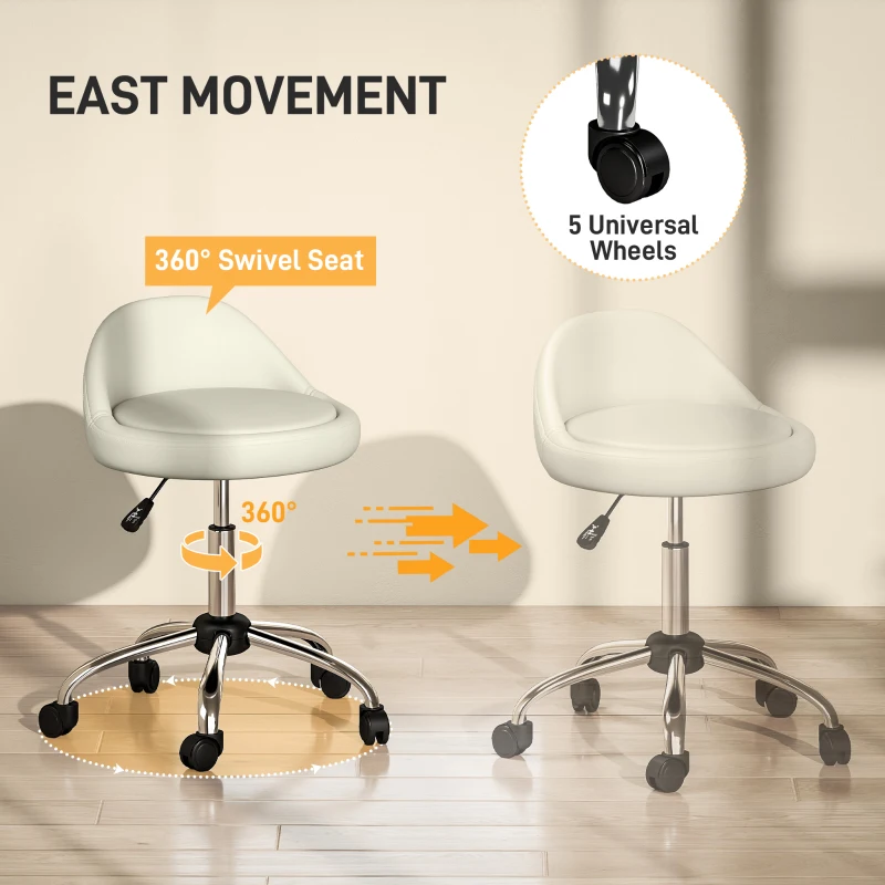 HOMCOM Salon Stool, Adjustable Rolling Stool, White