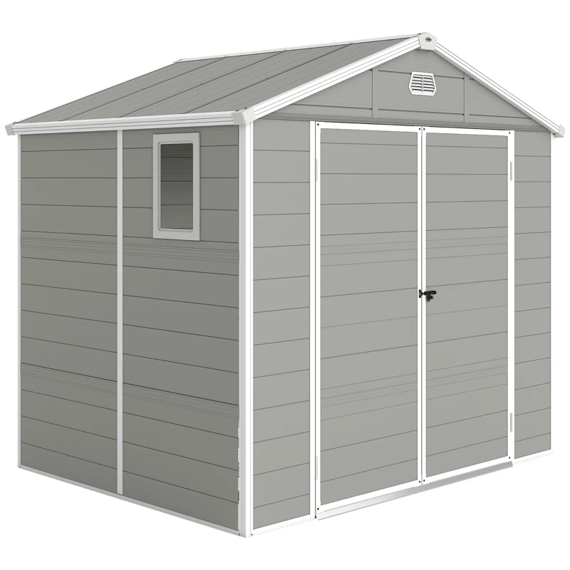 Outsunny 8' x 6' Plastic Garden Storage Shed with Latch Door, Vents, Sloped Roof, Light Grey