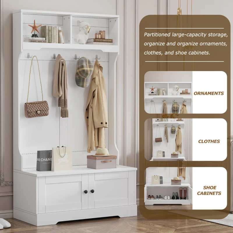 Space‑Saving Coat Rack with 4 Hooks and Top Open Shelf, Multifunctional Cabinet for Compact Homes, 40'' L x 18.5'' W x 72'' H, White