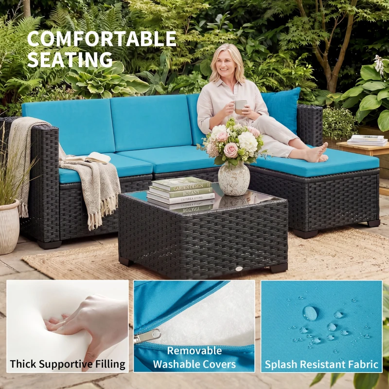 Outsunny 5 Piece Patio Furniture Set, L-Shape Wicker Outdoor Sectional with 3 Chairs, Ottoman, Glass Table, Cushions, Turquoise