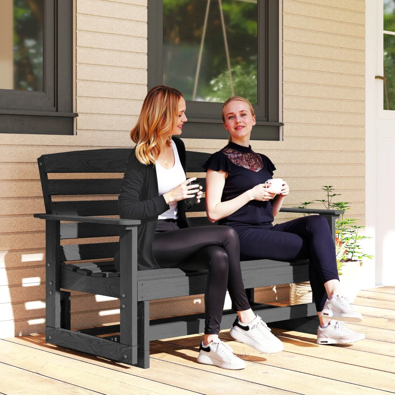 Outsunny Patio Glider Bench w/ HDPE Slatted Double Rocking Chair, Distressed Black
