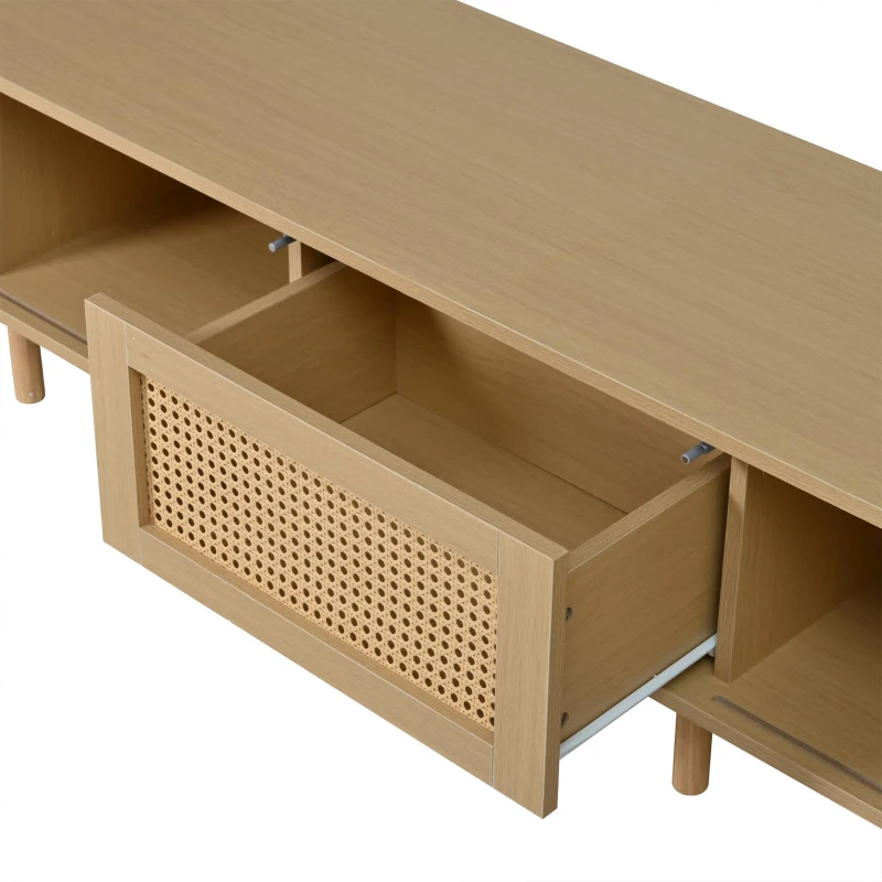 Oval TV Stand with Rattan Drawer and 2 Sliding Doors, Compact Media Console with Adjustable Feet, 71'' L x 15.5'' W x 15.5'' H, Light Oak
